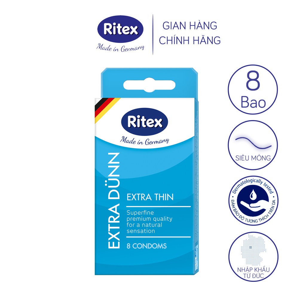 Bao cao su Ritex Extra Dünn siêu mỏng 0.01, mềm mại, bền dai hộp 8 bao - Hàng nhập khẩu chính hãng- RE002