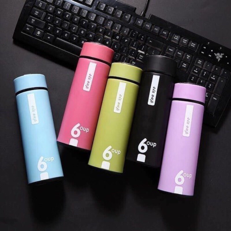Bình nước in hình xương rồng 400ml lõi thủy tinh bọc vỏ nhựa lúa mạch có dây sách