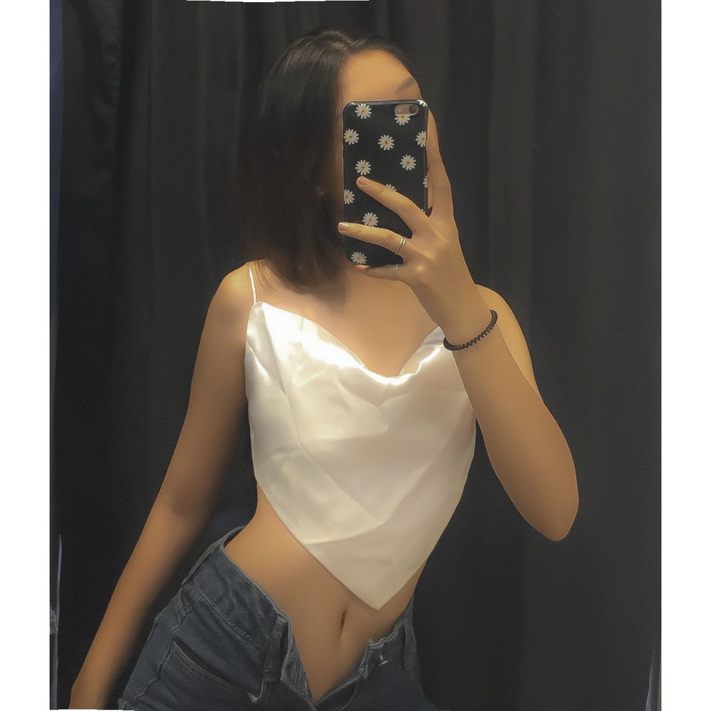 Áo croptop yếm lụa màu đen và màu trắng HAC89 - Hỉn Hỉn Store