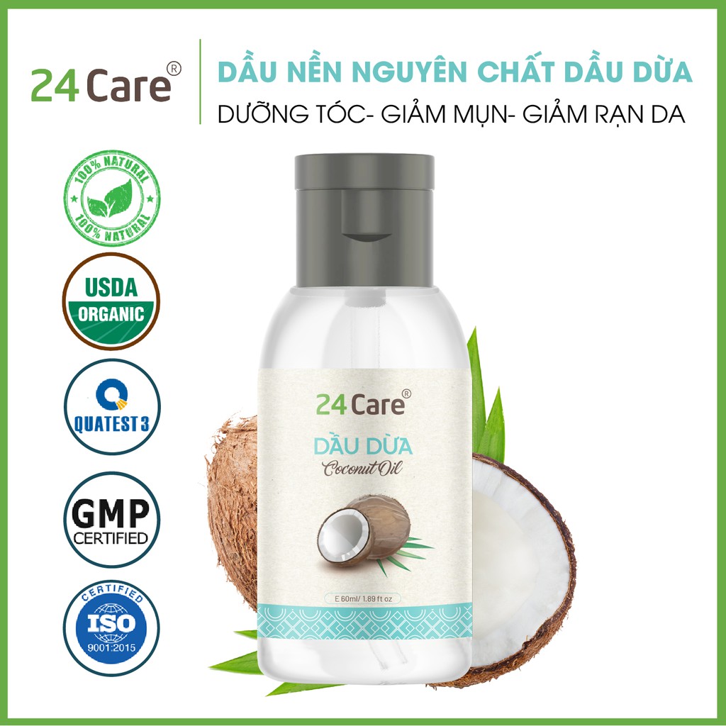 Dầu Dừa 24Care Nguyên Chất - Dưỡng tóc, giảm mụn, giảm tình trạng rạn da, tẩy trang - Dung tích 60ml