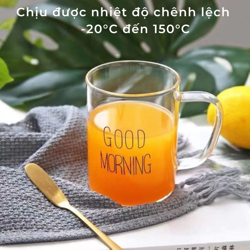 Ly thủy tinh chịu nhiệt uống nước dễ thương GOOD MORNING trụ tròn cốc thủy tinh cute trong suốt - Shop28Decor.com