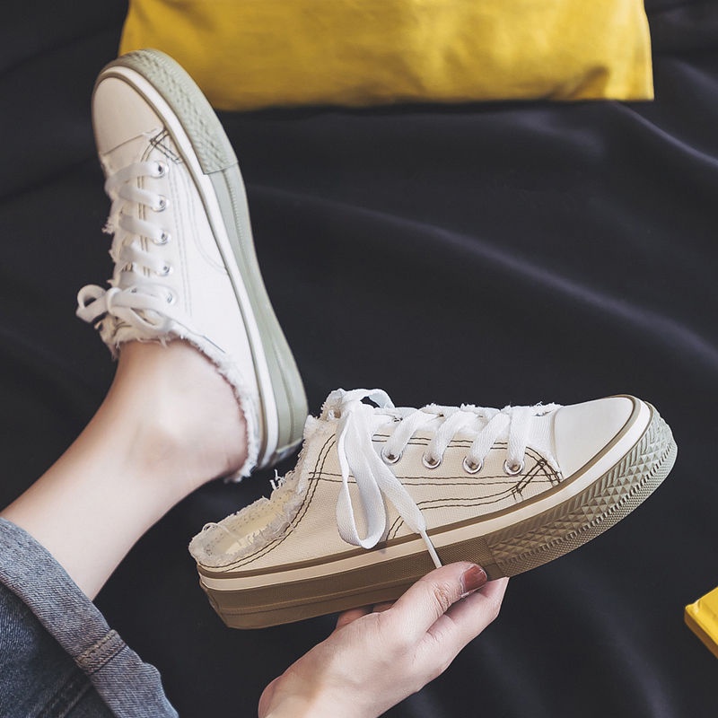 Giày lười vải canvas hở gót thời trang mùa hè Hàn Quốc mới cho nữ 2021