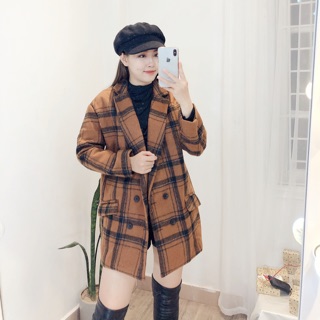 Áo dạ Hàn kẻ nâu tây