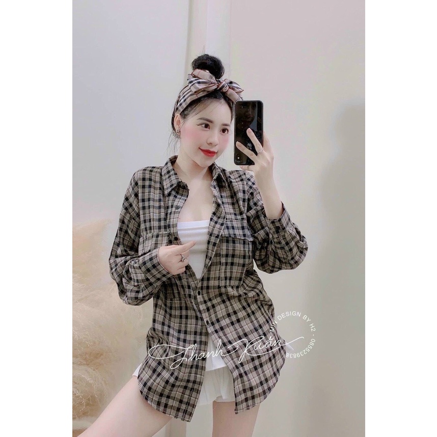 Áo sơ mi kẻ thụng nâu túi ngực áo sơ mi nữ thụng giấu quần ulzzang TL137