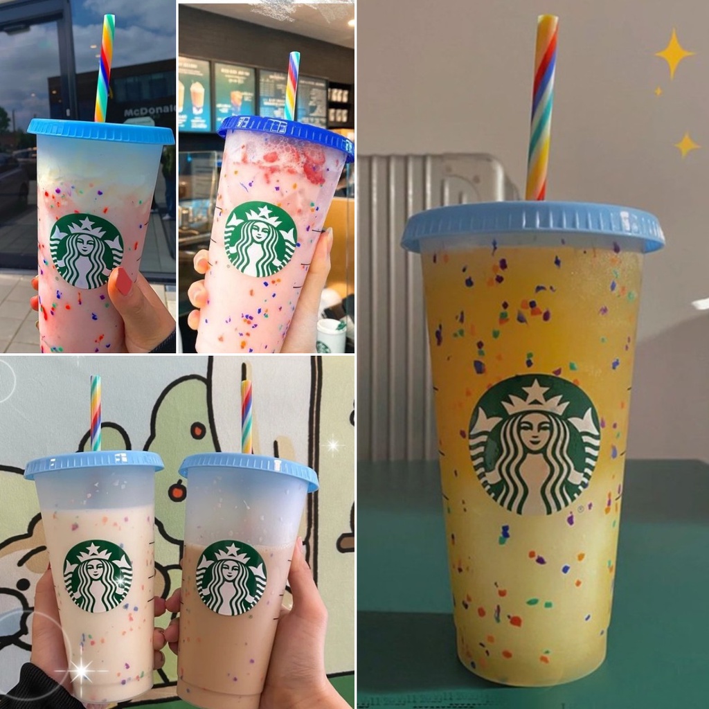 Cốc đựng nước bằng nhựa hình Starbucks đổi màu kèm nắp và ống hút 710ML 24 Oz