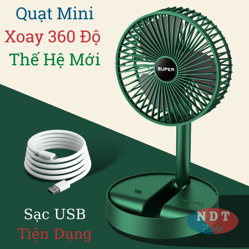 Quạt Tích Điện Mini Gấp Gọn Quạt Mini 3 Chế Độ Để Bàn Xoay 180 Độ 3 Tốc Độ Gió Pin Sạc USB Tiện Dụng