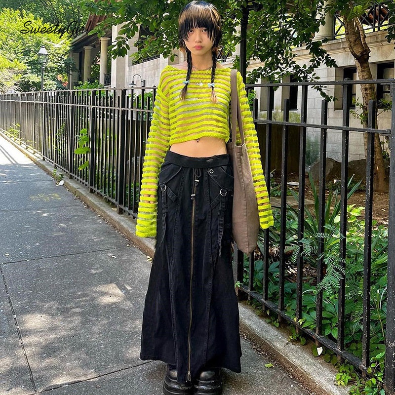 Chân Váy Maxi Lưng Thấp Màu Trơn Có Túi Và Khóa Kéo Thời Trang Đường Phố 2022 Cho Nữ