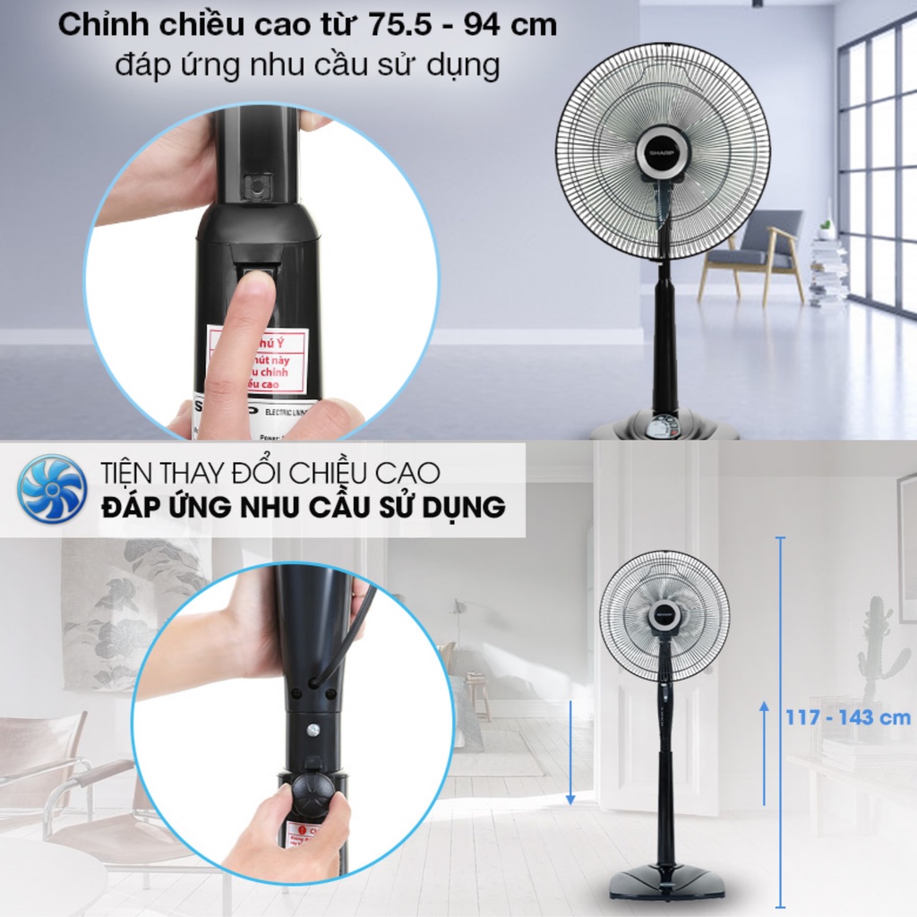 Quạt điện đứng Sharp có điều khiển Chính hãng Malaysia, quạt mát công suất mạnh 3 mức gió - HAPOS OFFICIAL