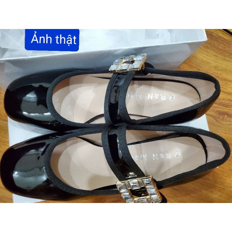 Giày cao gót nữ da bóng tiểu thư quai ngang đính đá GB235