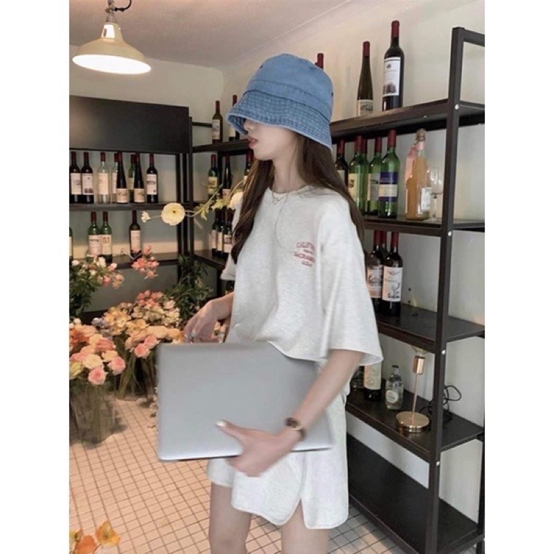 Set Bộ Đồ Chất Tổ Ong Thêu USA Nữ Bộ đồ quần short kèm áo thun from rộng tay lỡ hàn quốc Ulzzang