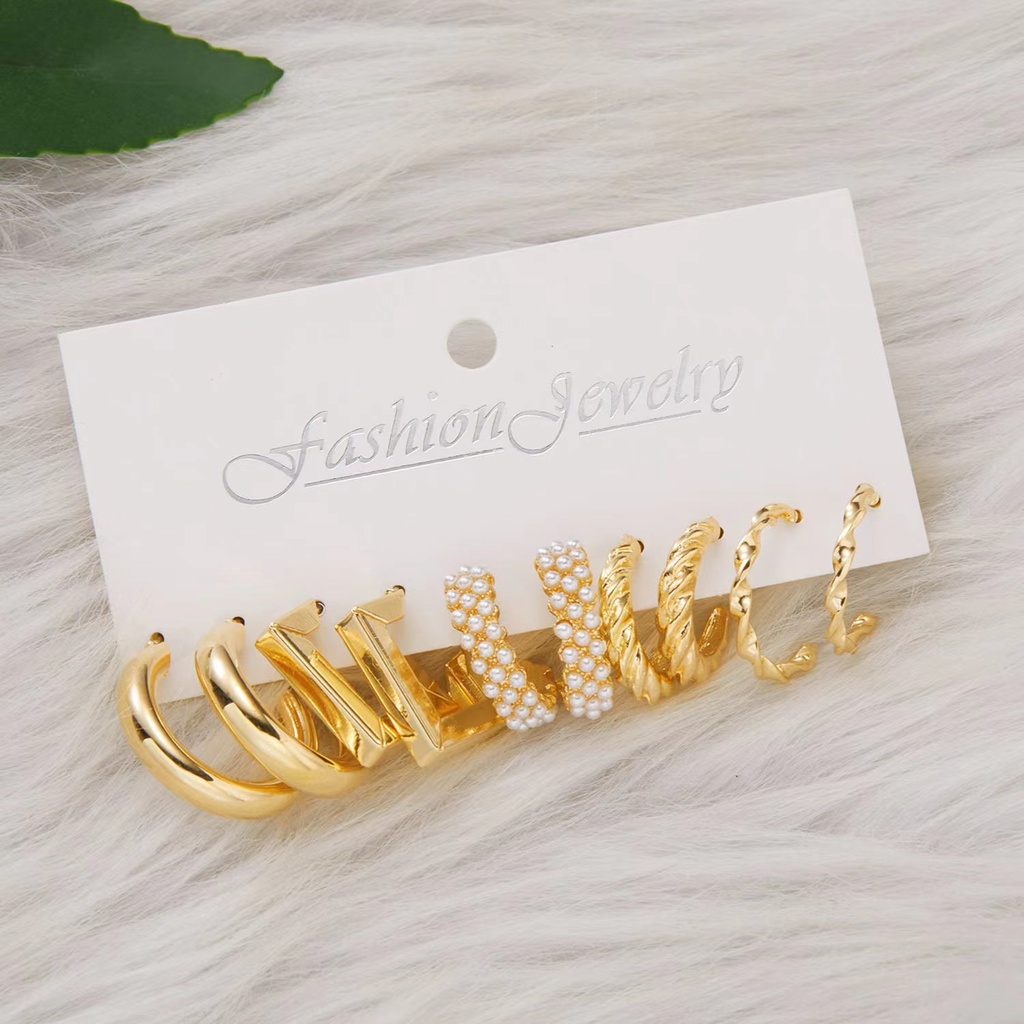 Set 5 Khuyên Tai Hình Học Đính Ngọc Trai Acrylic Đơn Giản Sáng Tạo