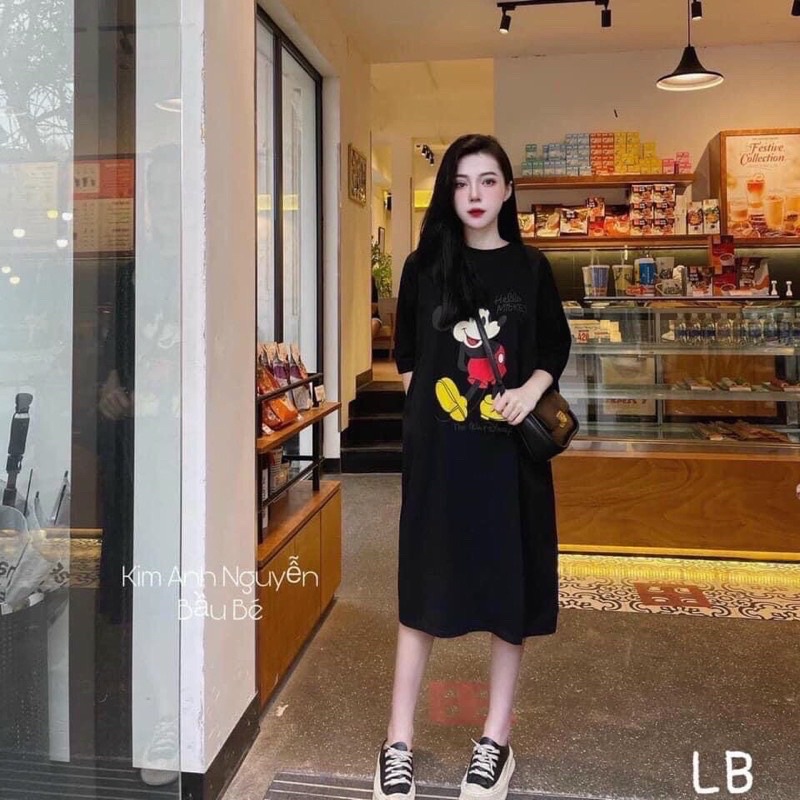 Đầm Vintage 3 Màu Đen Cam Trắng . Váy Xuông Tay Lỡ In Hình Micky Form Rộng Cá Tính Ulzzang