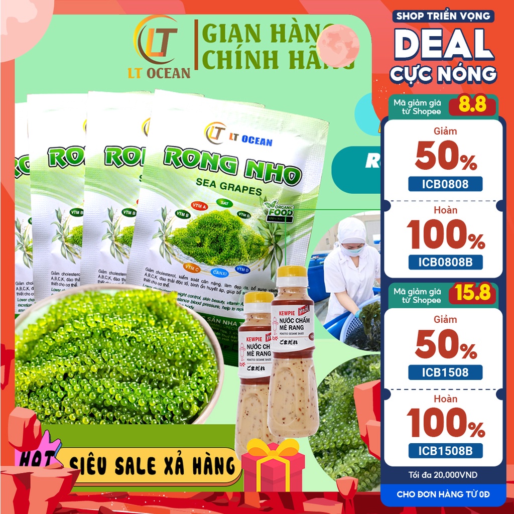 Rong nho combo 30 gói 25g rong nho tách nước ocean tặng 2 chai sốt mè rang KEWPIE 180ml loại 1,ẳn ngon giòn