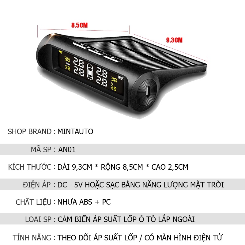 Cảm Biến Áp Suất Lốp Ô Tô Xe Hơi Gắn Ngoài Tiện Lợi, Pin Sạc Năng Lượng Mặt Trời, Màn Hình LCD Cao Cấp