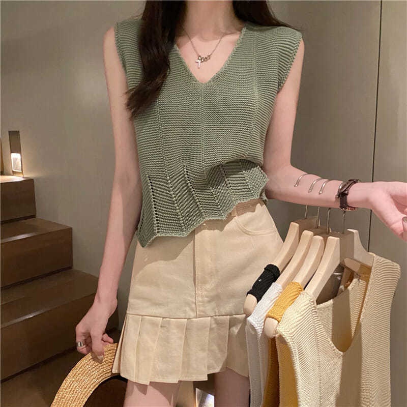 Áo Dệt Kim Sát Nách Dáng Rộng Cổ Chữ V Thời Trang Mùa Hè Cho Nữ Có 5 Kiểu