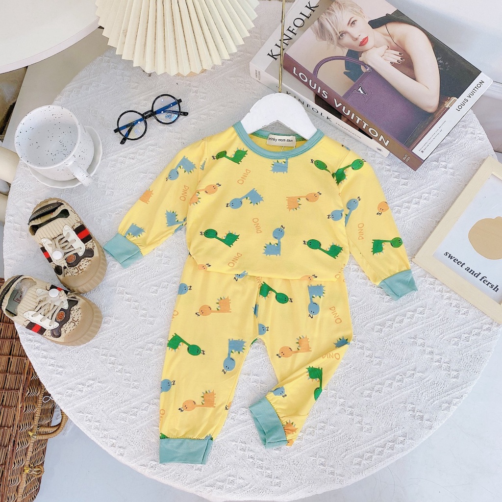 Đồ Bộ Dài Tay Bé Trai, Bé Gái Cổ Màu Họa Tiết Mới hàng Minkymom thun lạnh chính hãng 5-18kg