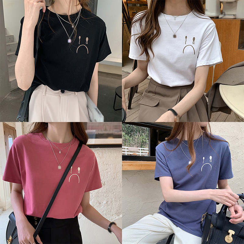 Áo thun cổ tròn tay ngắn dáng rộng in hình đơn giản thời trang cho nữ