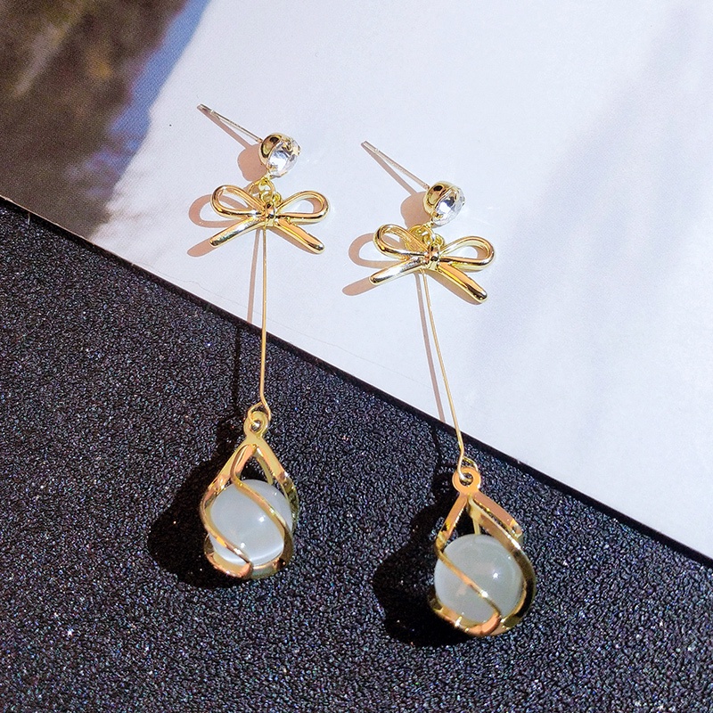 Khuyên tai JIUDUOLAN dáng dài màu vàng/ bạc đính đá opal nhân tạo thời trang thanh lịch dành cho nữ