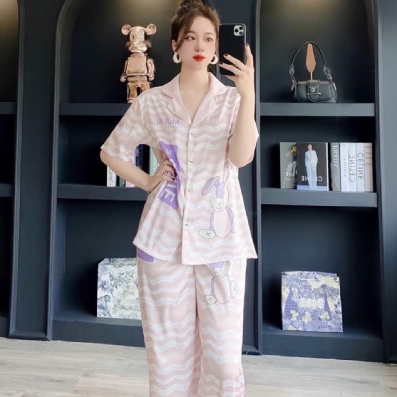 Bộ ngủ mặc nhà pijam lụa xước Quảng Châu cao cấp thỏ tay tím