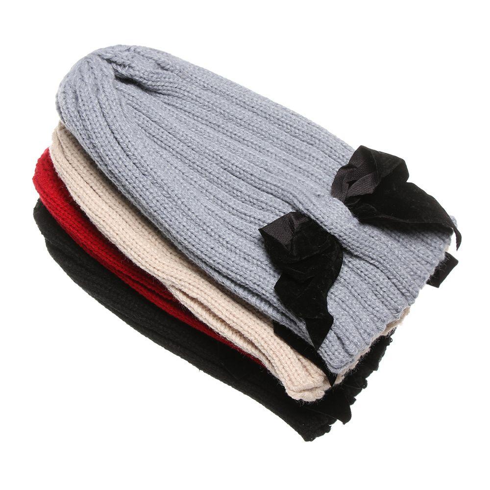 JUNE Mũ Len Màu Trơn Mềm Mại Đính Nơ Xinh Xắn Cho Nữ