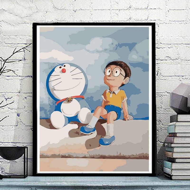 Tranh Sơn Dầu Trang Trí Hình Doraemon Kèm Cọ Vẽ Diy