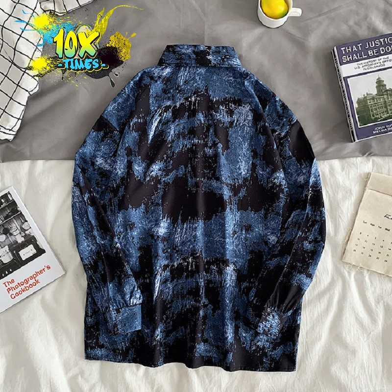 Áo sơ mi dài tay nữ nam unisex cá tính đen xanh dương loang màu