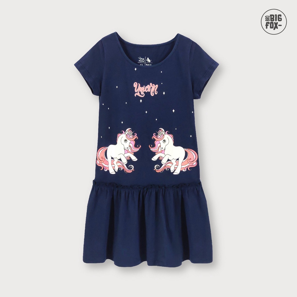 Đầm Hè Cho Bé Gái Miss Meow Tới Size Đại . Váy Cotton Thun Trẻ Em Bèo Gấu In Hình Ngựa Unicorn Màu Navy 3-11