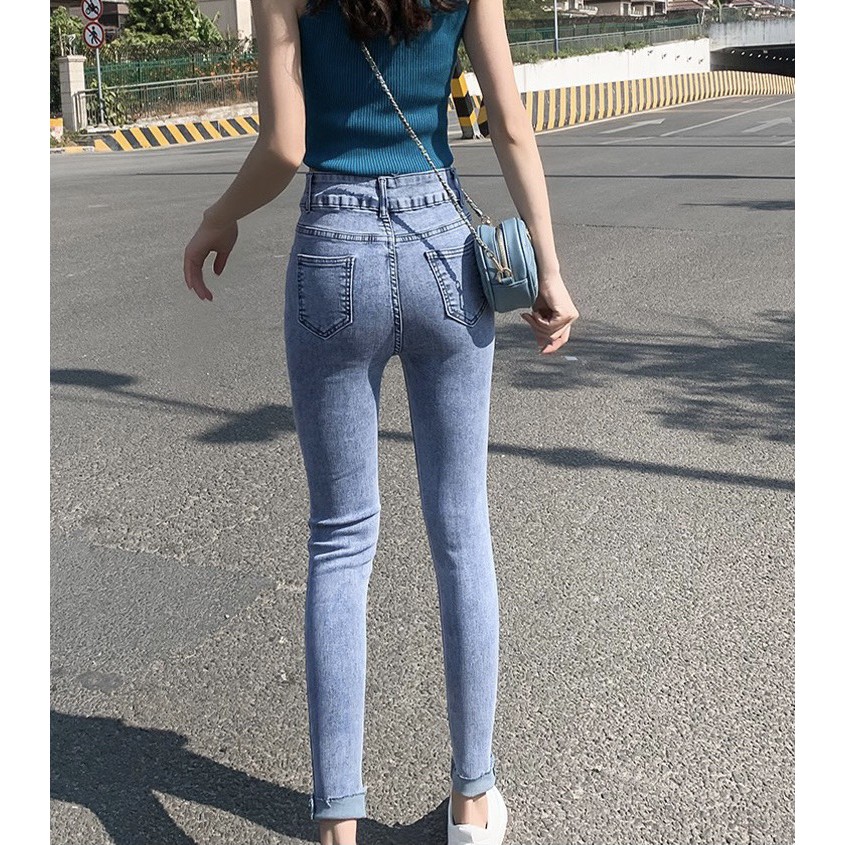 Quần jean nữ Bigsize Dài lưng cao, lưng kiểu đai 2 nút, màu xanh đá 3947