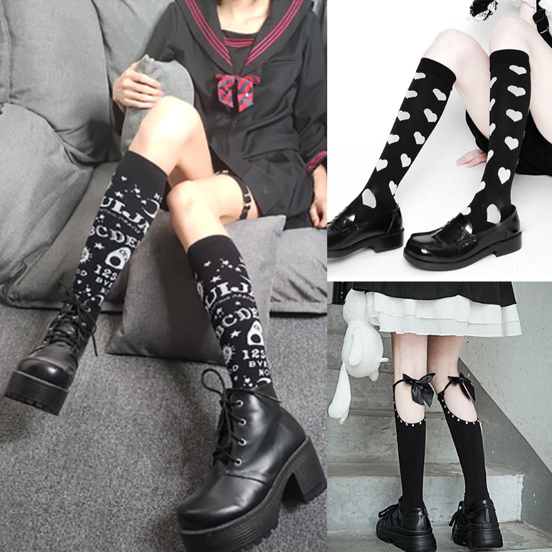 Vớ chân cao đến đầu gối in họa tiết trái tim trang trí nơ đính đá phong cách gothic punk lolita cho nữ