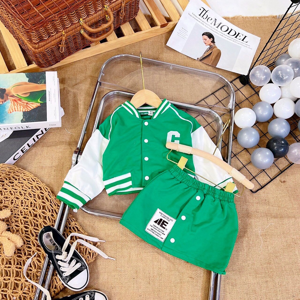 Set váy bóng chày chữ C bé gái