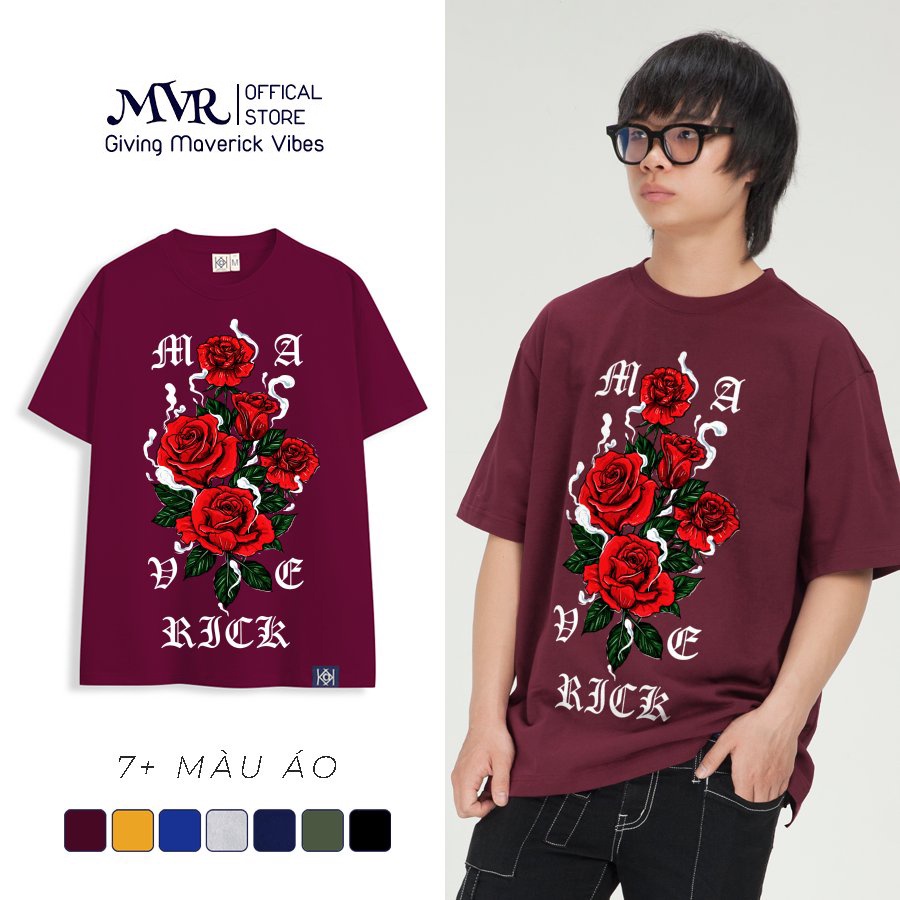 Áo thun Rock Nam Nữ hoa hồng đỏ Phối Chữ Maverick Áo Phông Đẹp Vải Cotton Tiêu Chuẩn Xuất Khẩu KK2075