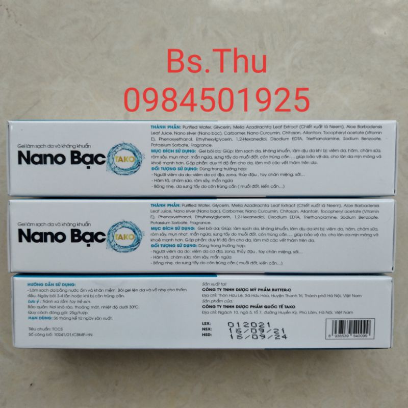 NANO BẠC TaKo gel làm sạch da, kháng khuẩn - kem hỗ trợ thủy đậu, zona, kiến ba khoang chứa nano bạc, curcumin, allatoin