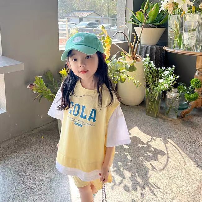 Set Áo Thun Ngắn Tay + Quần Short Giả Hai Lớp Thời Trang Mùa Hè Hàn Quốc Mới Cho Bé Gái