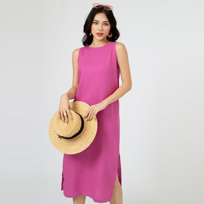Đầm suông linen dáng yếm nơ lưng vạt tròn trẻ trung, thời trang phong cách Hàn