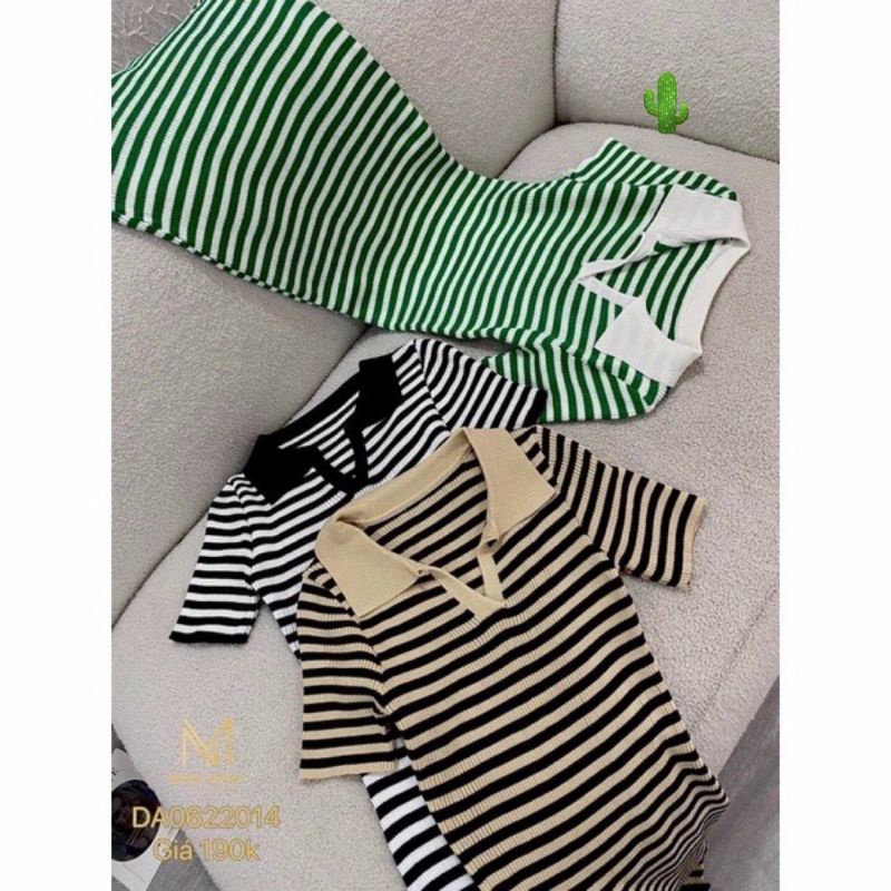 🅰️ Đầm polo nữ sọc ngang nhỏ, đầm body kẻ sọc mẫu mới, cổ bẻ chữ V trẻ trung, Chất thun gân, Size: <48kg