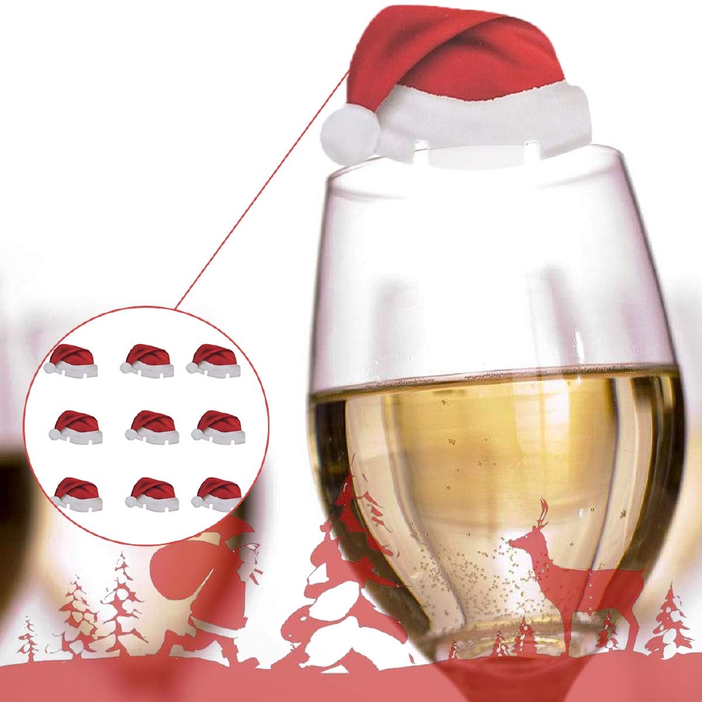 10PCS set Xmas Hats Champagne Wine Glass Caps Christmas DIY Decoration