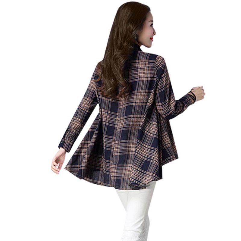 Áo sơ mi form rộng cổ bẻ họa tiết sọc ca rô thanh lịch và điệu đà cho nữ