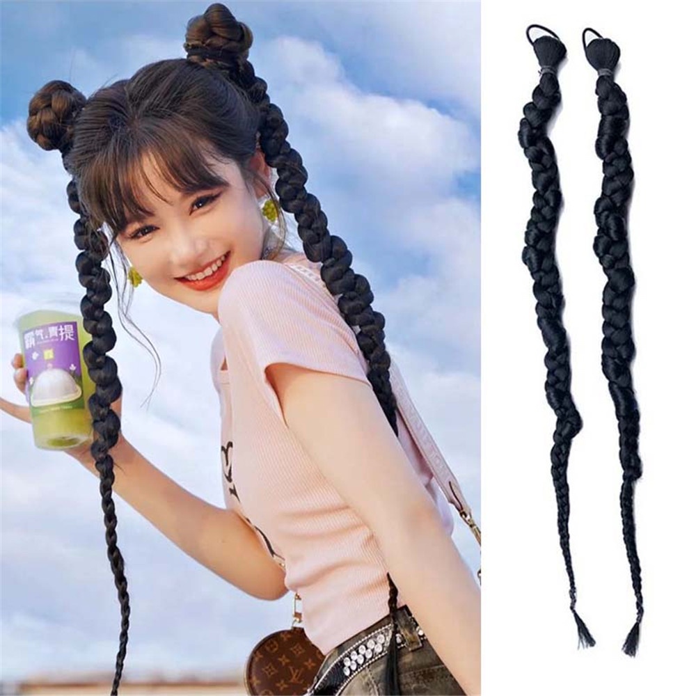 Bộ 2 Tép Tóc Giả Màu Đen Thắt Bím Đuôi Ngựa Phong Cách Hip Hop