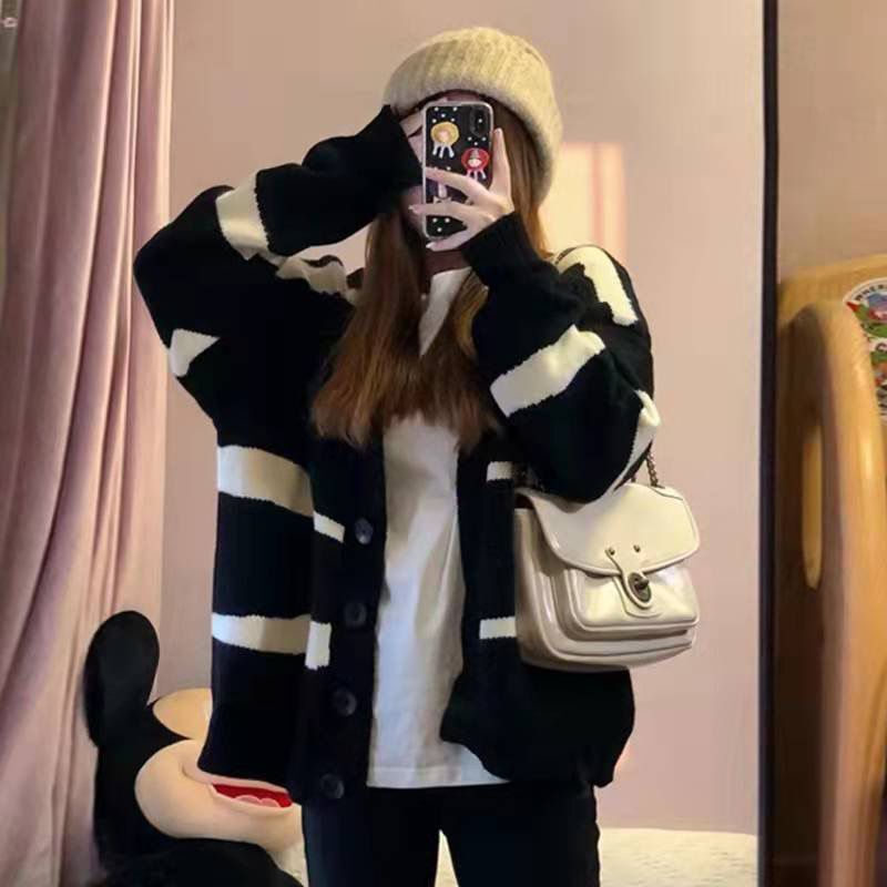 SUXI Áo Khoác Cardigan Họa Tiết Kẻ Sọc Thời Trang Vintage Cho Nữ
