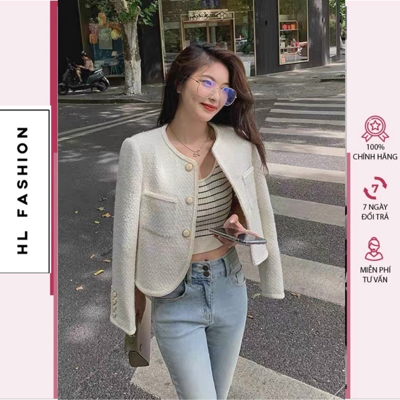 Áo dạ tweed cao cấp, dáng basic, chất dạ, cúc ngọc, phối viền.
