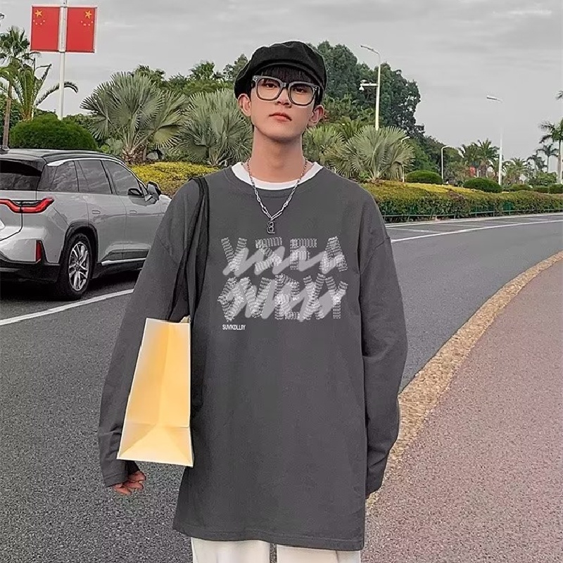 Áo Thun Tay Dài Dáng Rộng In Chữ Phong Cách Hong Kong Thời Trang Cho Nam / size M-5XL