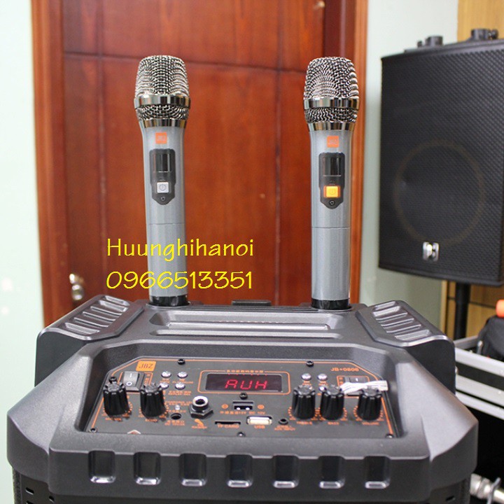 Loa karaoke di động JBZ 1206 loa thùng gỗ 3 tấc, công suất lớn kèm 2 micro vỏ nhôm không dây UHF hát karaoke cực hay