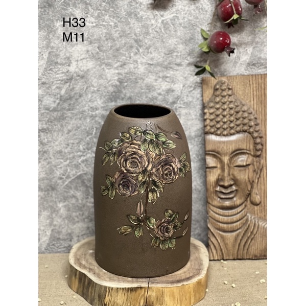 Bình hoa gốm dáng chuông men mộc vẽ tay- Gốm sứ Bát Tràng.