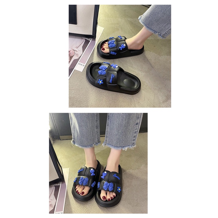 Dép quai ngang bánh mì họa tiết nơ xanh