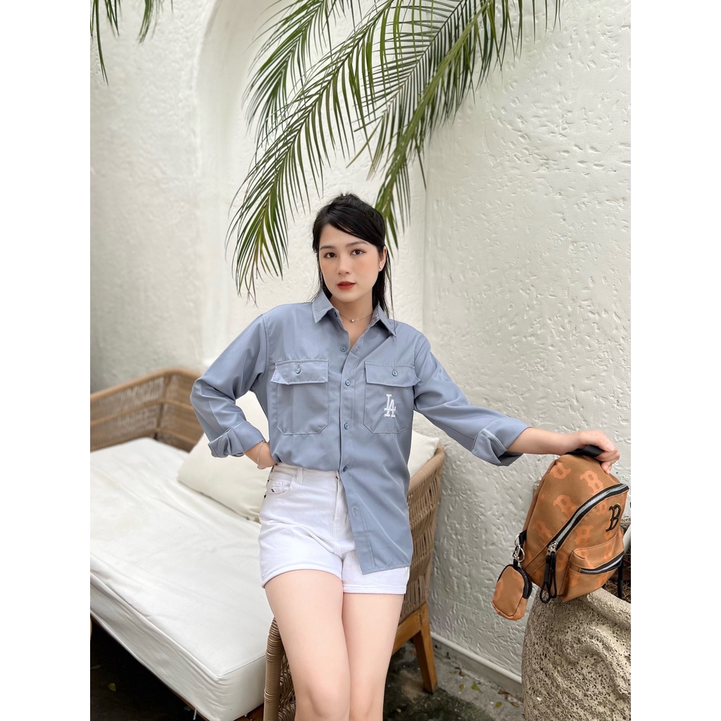 Áo Sơ Mi Tay Dài Thêu Hoạ Tiết MLB Phong Cách Thời Trang Đường Phố form oversize