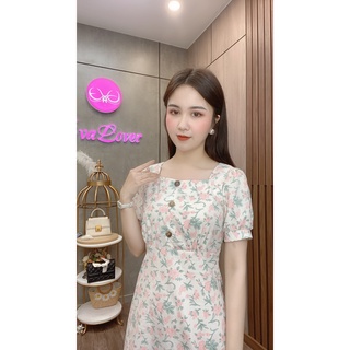 Váy Dáng A Cổ Vuông Cúc Gỗ Thô Lụa Cao Cấp