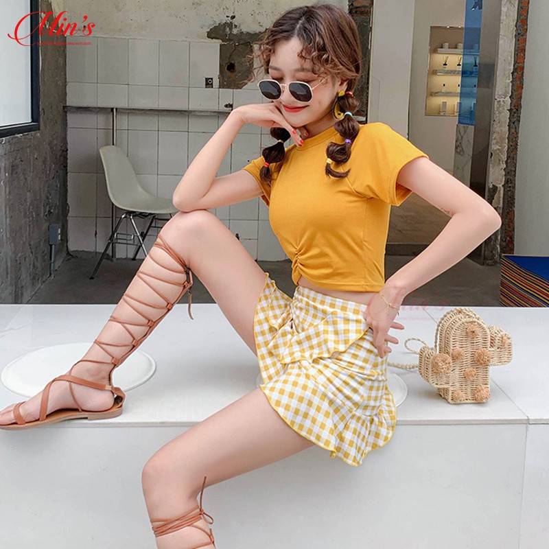 Đồ Bơi Nữ Đi Tắm Biển Mùa Hè Áo Tay Cộc Váy Kèm Quần Co Giãn Trẻ Trung 2 Màu Hồng, Vàng Chân Váy Caro MIN Bikini | BigBuy360 - bigbuy360.vn