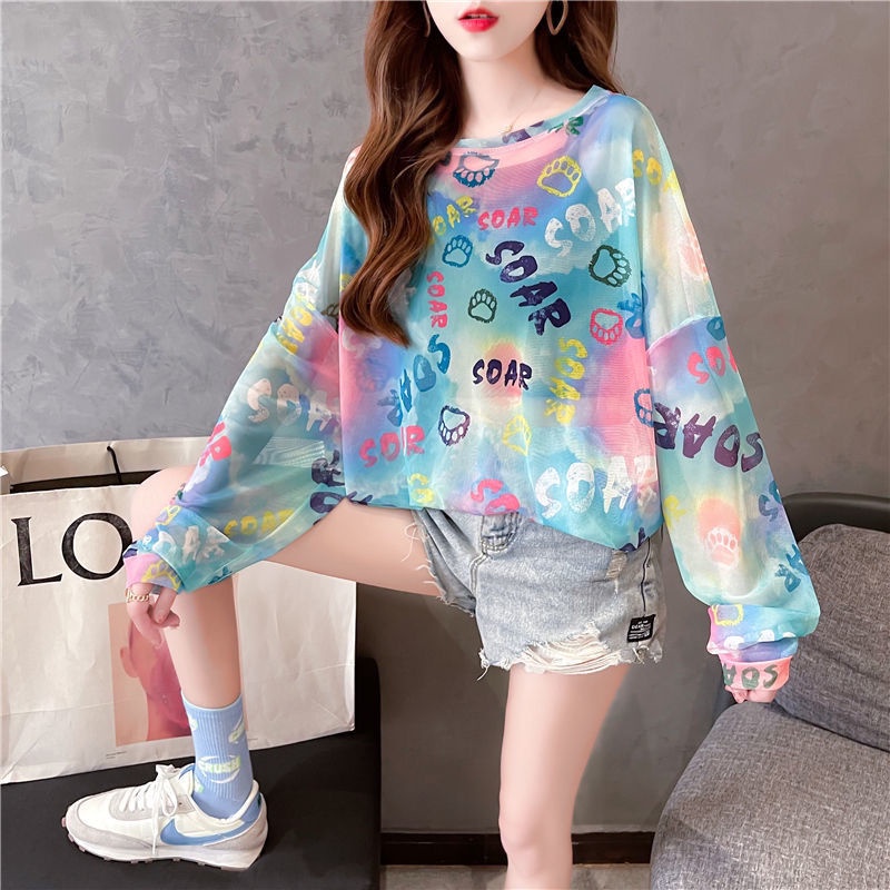 Áo Thun Tay Dài Cổ Tròn Chống Nắng Mùa Hè Bằng Lụa Băng Nhuộm Phong Cách Mới Dễ Phối Đồ Cho Nữ