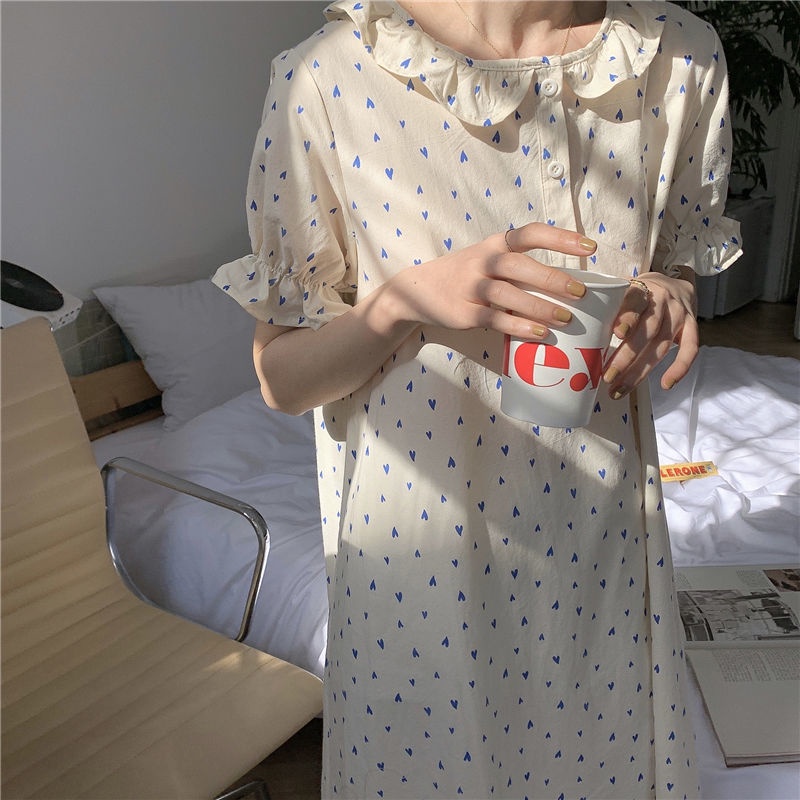 (Spot) 2022 Korean Princess Nightdress Doll Collar Fashion Home Clothes Long Print Pajamas