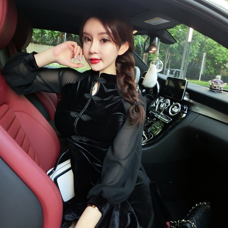 Đầm đen dáng xòe cổ tàu nữ tay dài Emilyshop